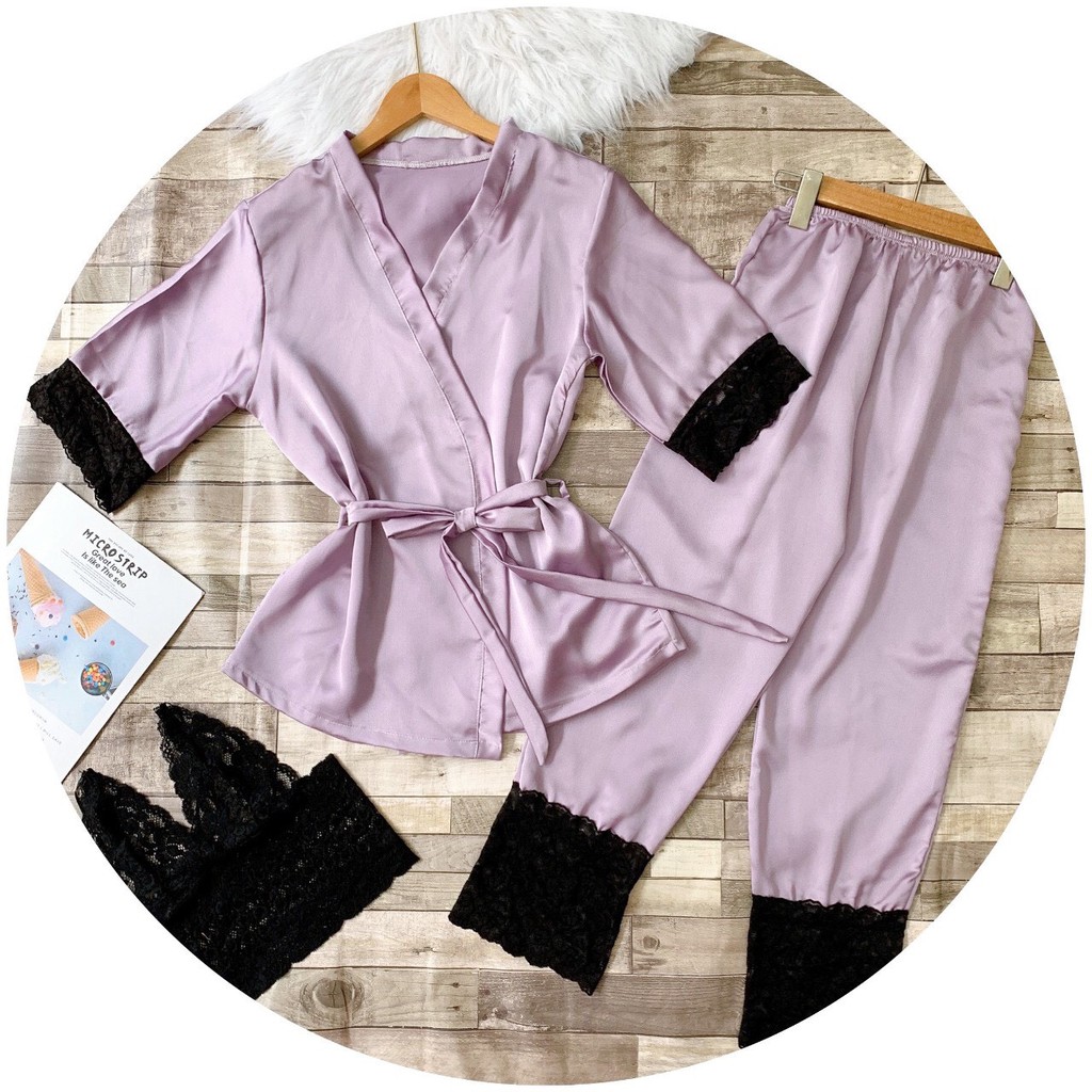 Đồ ngủ kèm áo khoác, áo bra ren trong lụa satin cao cấp | BigBuy360 - bigbuy360.vn