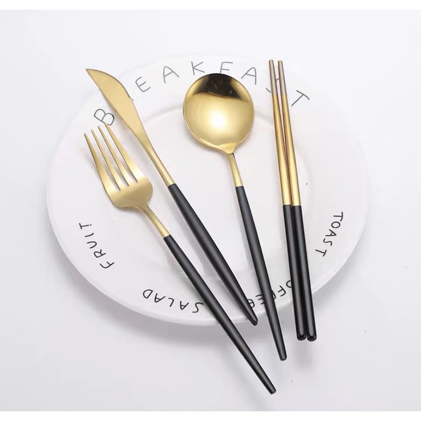 Bộ Thìa, Nĩa, Dao, Muỗng Inox Mạ Vàng Set 4 Sang chảnh