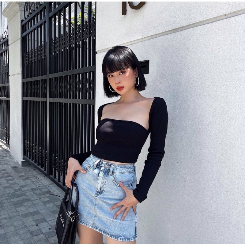 Áo Croptop Cổ Vuông Ôm Body Tay Dài Quyến Rũ