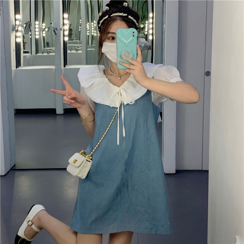 Đầm babydoll set váy Set Áo Sơ Mi Cổ Búp Bê Và Đầm Yếm Denim Xinh Xắn Cho Nữ