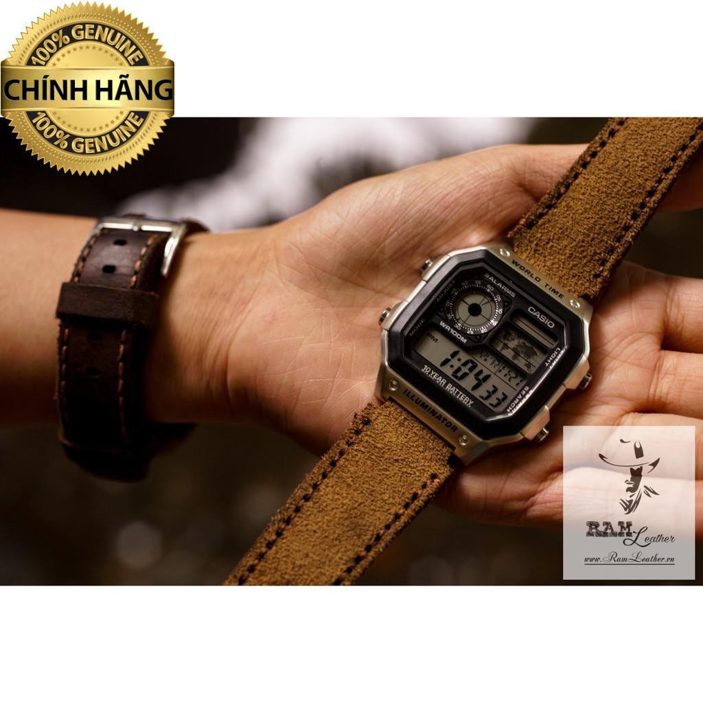 (TẶNG KHÓA+CHỐT+CÂY THAY DÂY)DÂY ĐỒNG HỒ DA BÒ THẬT CASIO AE1200/SEIKO5 DA BÒ 1960 DA LỘN VÀNG LÚA CHÍN .