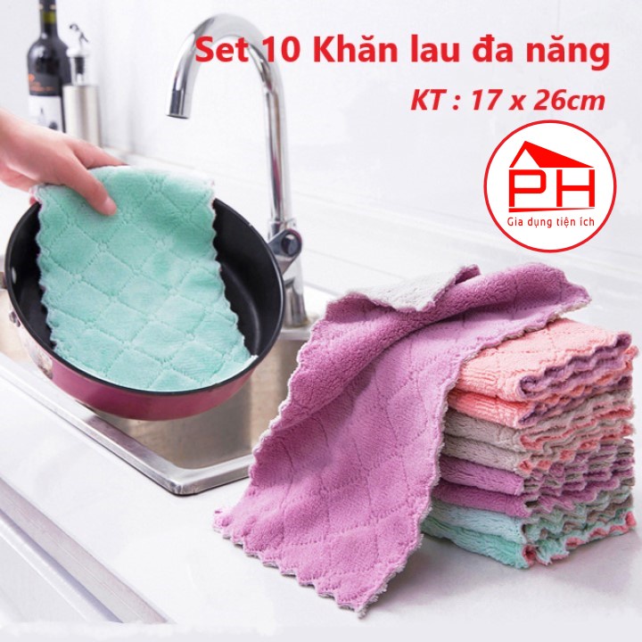 Bịch 10 Khăn lau đa năng lau chén bát lau tay lau bàn ghế bếp mềm mại thấm hút tốt (Mầu ngẫu nhiên) - Gia dụng Phước Hòa