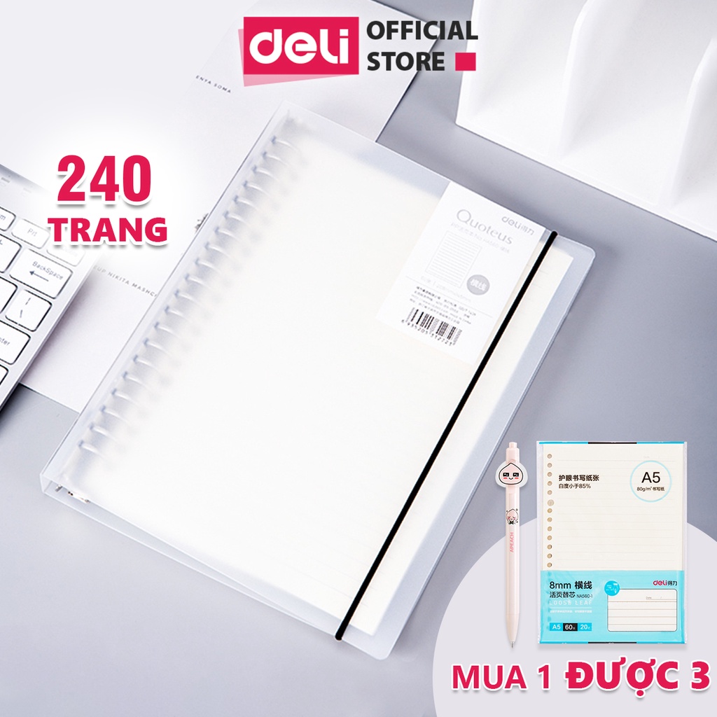 Combo sổ còng sắt và lõi giấy A5 Deli file nhựa có kèm dây rút- 240 trang - Lõi ô vuông/kẻ ngang