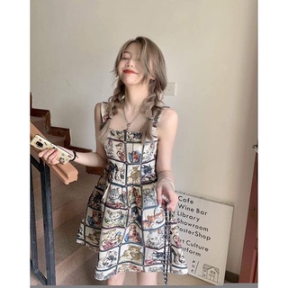 Váy 2 dây hai dây hoạ tiết mèo cổ điển dáng ngắn xoè