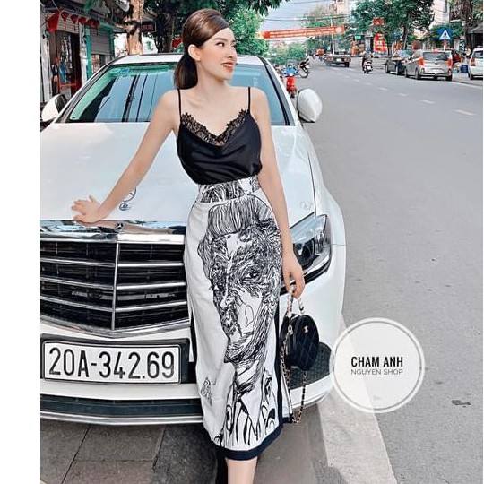 Set Lụa Hình 2 Dây Mix Chân Váy Xẻ