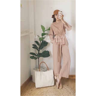 Set áo + quần ống suông be