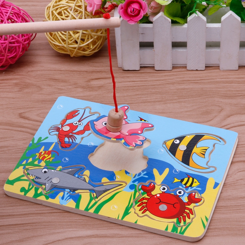 ℜ-ℜ Baby Wooden Magnetic Fishing Game Board 3D Jigsaw Puzzle Children Education