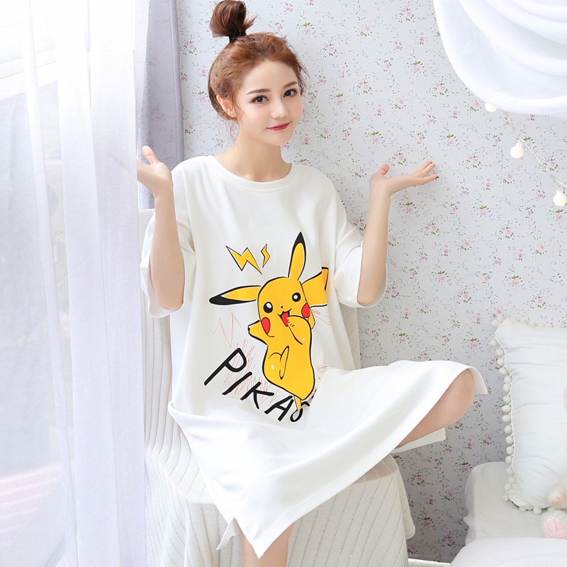 Đầm Suông Váy Suông Form Rộng In Hình Pikachu Tươi Vui Tay Ngắn Xẻ Tà Phong Cách Basic Năng Động Tới 70kg TTDS0420