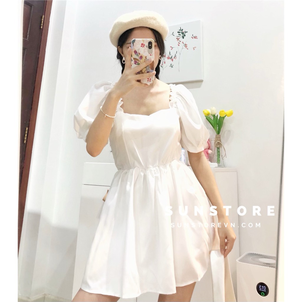 Đầm dự tiệc dáng ngắn mini váy xoè tay bồng trắng tay phồng vai bèo