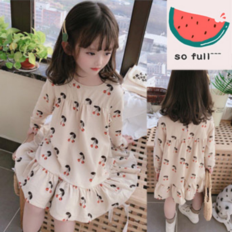Đầm công chúa tay dài in họa tiết quả cherry đáng yêu thời trang dành cho bé gái