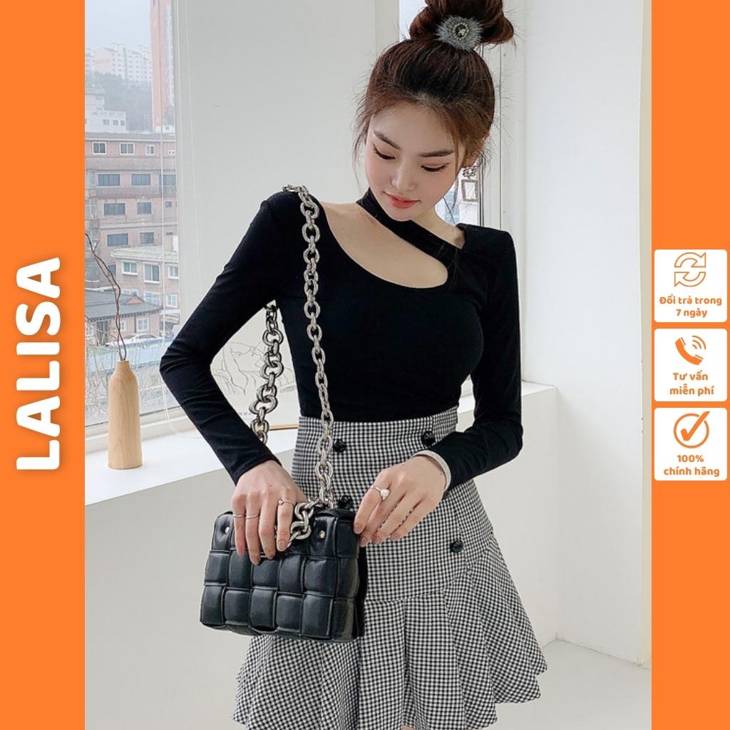 Áo Kiểu Nữ Tay Dài LALISA Hàn Quốc Thu Đông Kiểu Ôm Body Cổ Chéo Dây Trơn Trắng Đen Đẹp Cao Cấp AO026