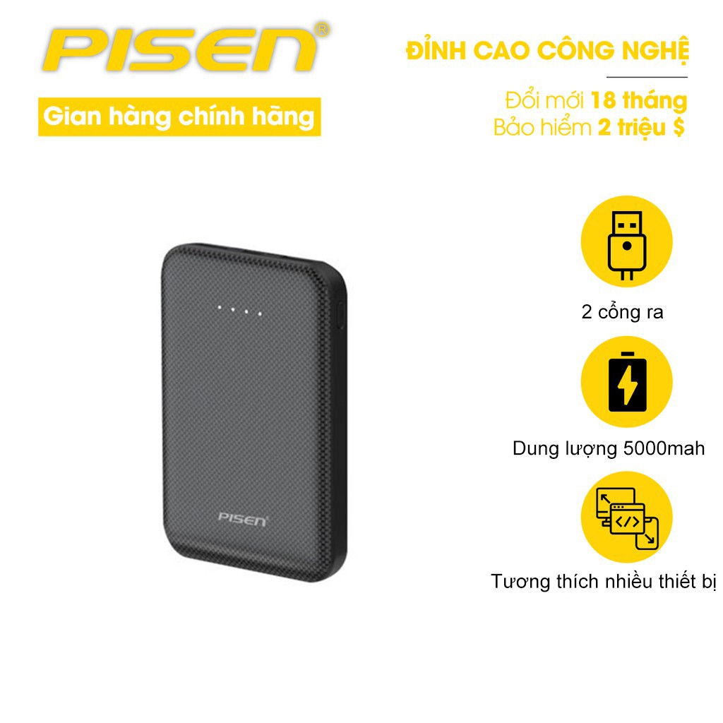 [Mã BMLTA50 giảm đến 50K đơn 99K] Sạc dự phòng Pisen Mini 5000mAh - Hàng chính hãng