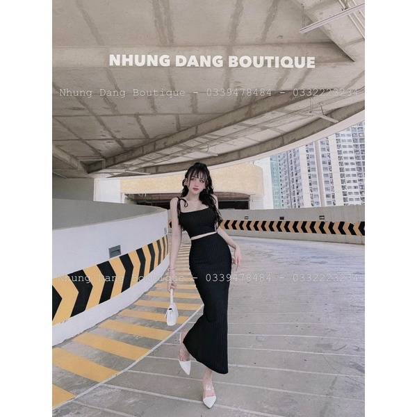 Set Đầm Gân Đũa Maxi Áo Dây CRT Cột Vai Kèm Chân Váy Dài Ôm