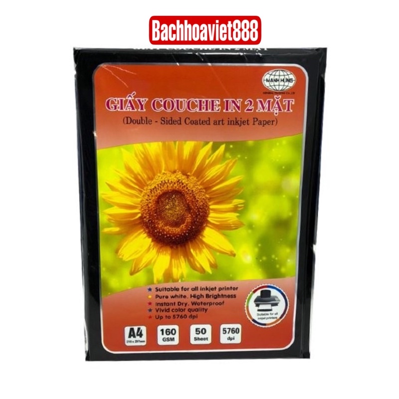 Giấy in ảnh Mạnh Hưng 160gsm khổ a4, giấy in phun bóng 2 mặt Mạnh Hưng 50 tờ chất lượng cao