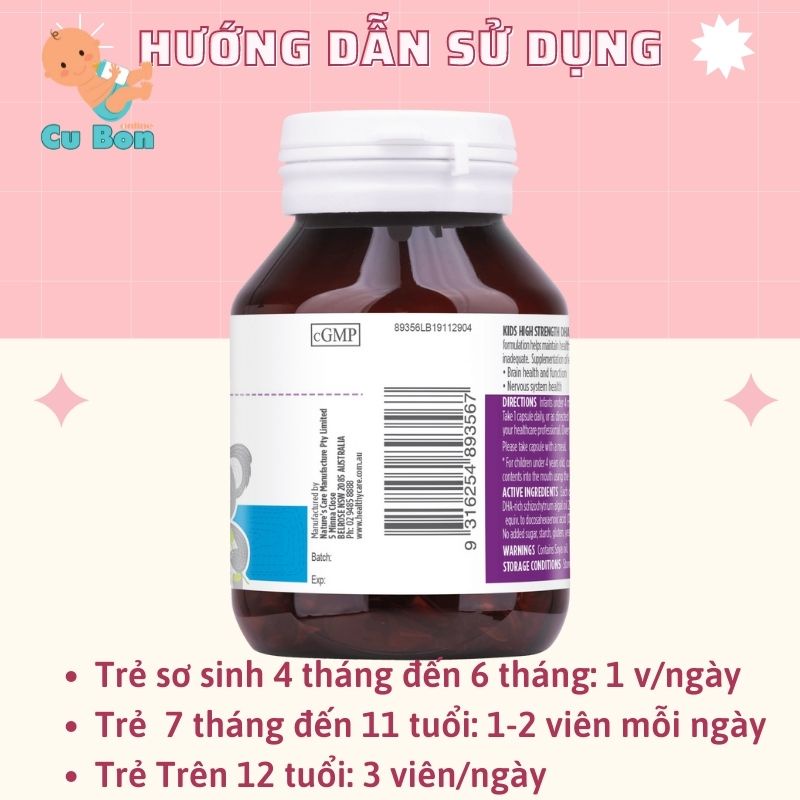 DHA cho bé Healthy Care Kid’s High strength DHA Úc 60 viên bổ sung omega-3 cho bé thông minh toàn diện từ 4 tháng tuổi