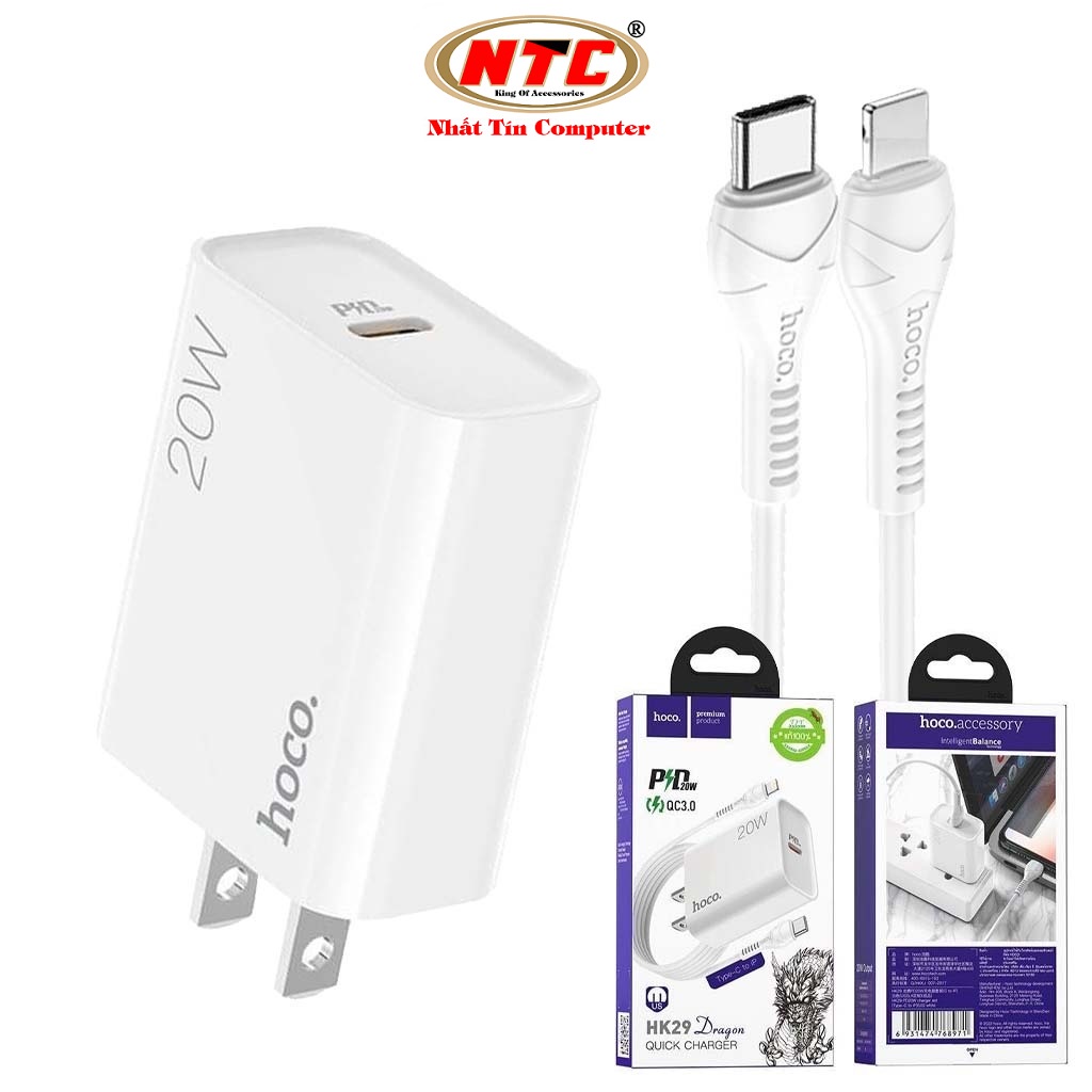 Bộ sạc nhanh Hoco HK29 kèm cáp TypeC to LN PD3.0 Type-C PD20W (Trắng) - Hãng phân phối