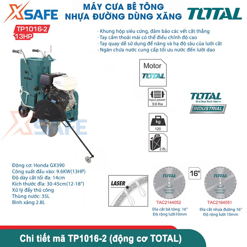 Máy cưa cắt bê tông nhựa đường TOTAL 2 phiên bản động cơ HONDA Gx390 và TOTAL, công suất 9.6KW(13HP), khả năng cắt sâu