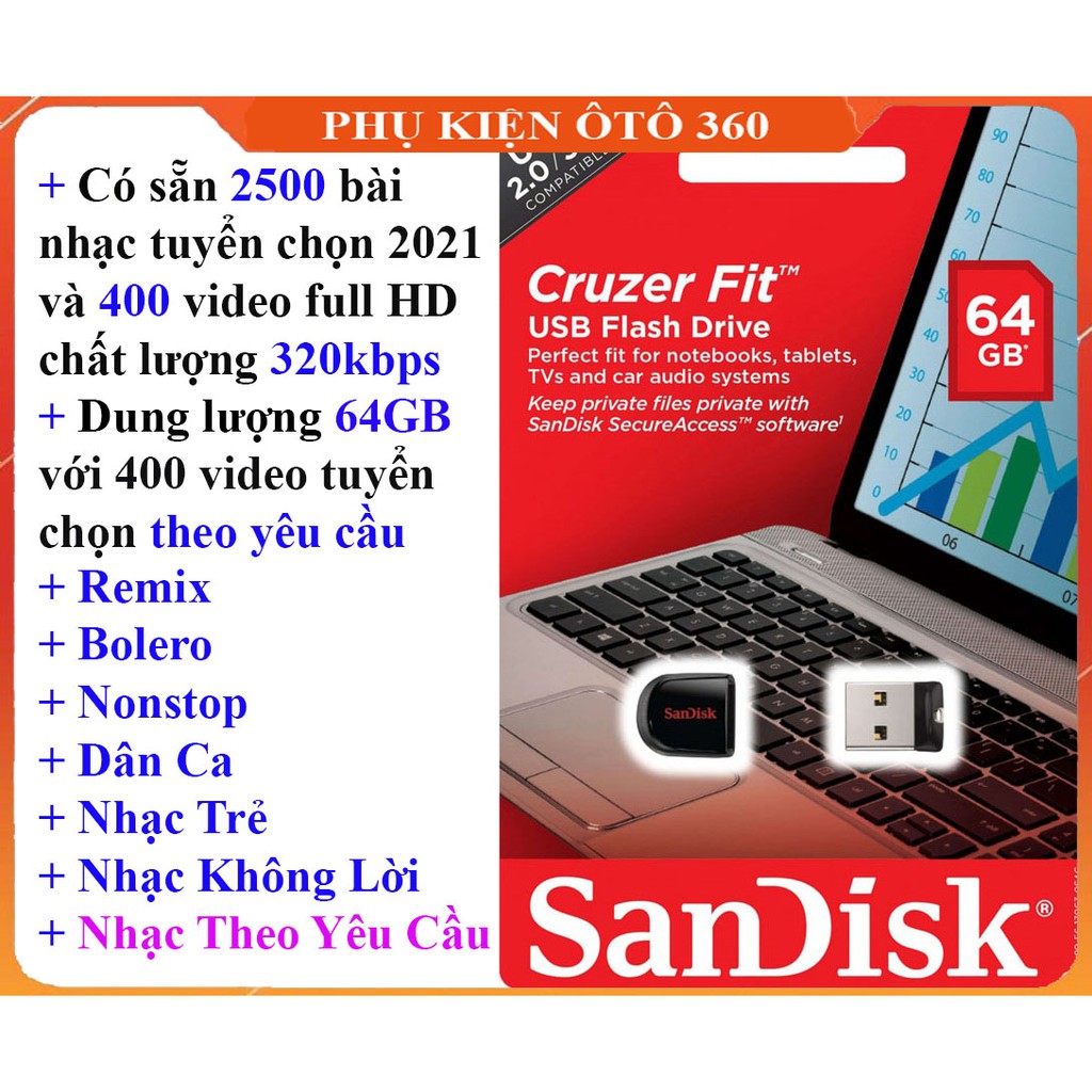 USB nhạc Ôtô 64GB sẵn 2500 bài nhạc + 400 Video full HD tuyển chọn hay nhất 2021