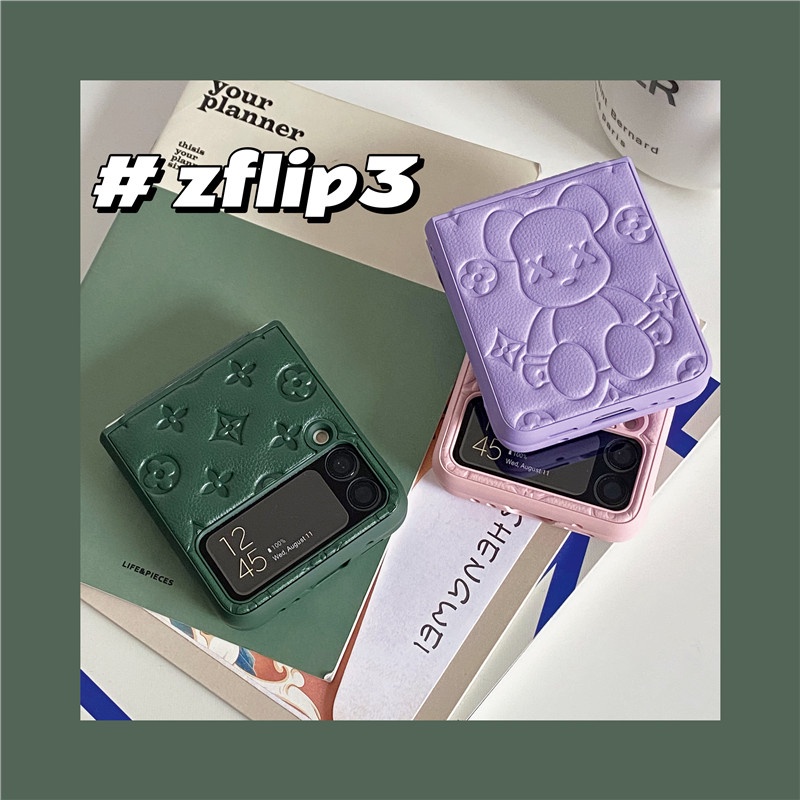 Ốp Điện Thoại Da Gập Được Chạm Khắc Hình Gấu Đáng Yêu Thời Trang Cho Samsung Galaxy Z Flip 4 3 ZFlip4 Flip 3
