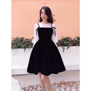 Váy nhung giả yếm tay pha voan cho nữ