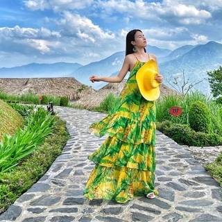 Đầm hoa maxi đi biển cổ yếm 2020