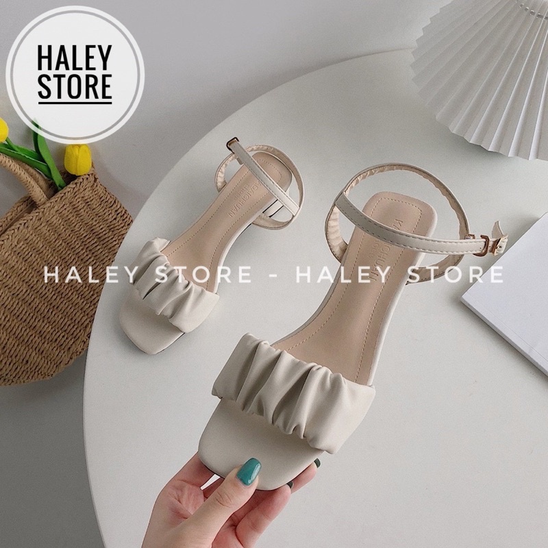 Giày sandal  mnữ quai ngang nhúm nhún mũi vuông gót vuông 5p đi chơi đi tiệc đi làm HALEY STORE