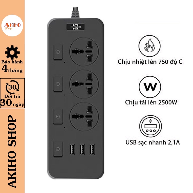 Ổ cắm điện đa năng 3 cổng USB sạc nhanh 4 công tắc an toàn công suất 2500w chống cháy nổ