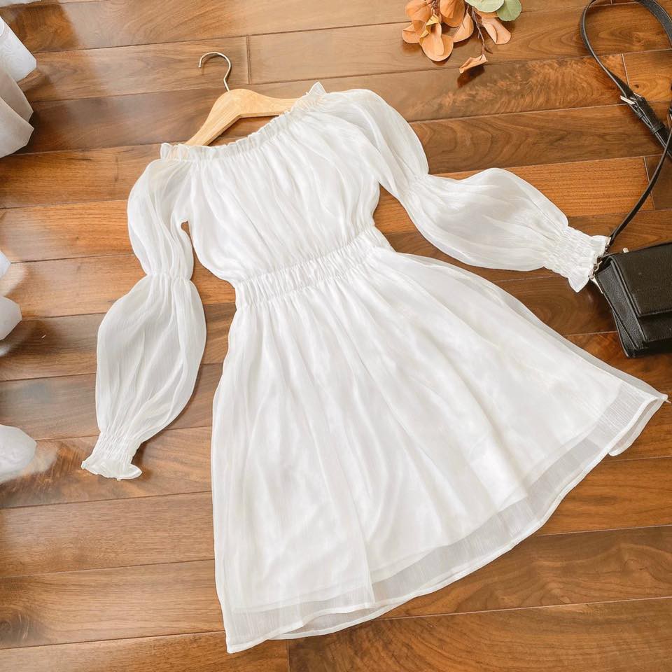 [Mã SKAMA06 giảm 8% tối đa 50K đơn 250K] ĐẦM TRẮNG BẸT VAI TAY VOAN BO CHUN | BigBuy360 - bigbuy360.vn