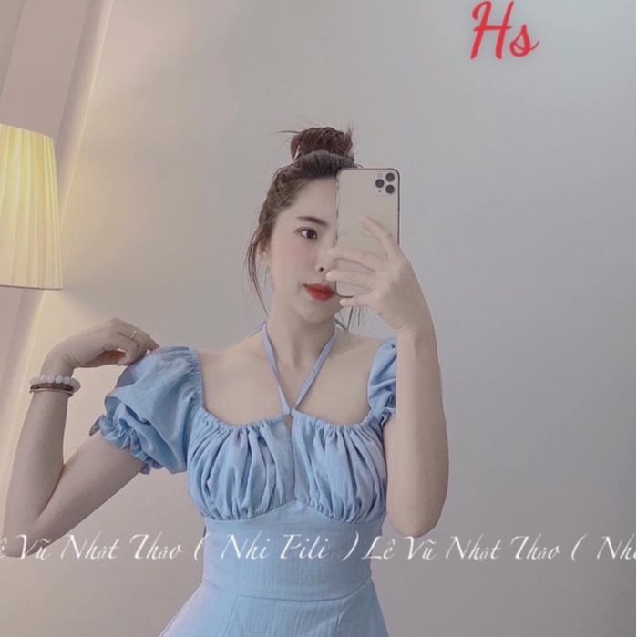 Váy Đũi Xước Xanh Xẻ Tà Đầm Nữ Nhún Ngực Chun Lưng Dây Buộc Tay Bồng Freesize Siêu Hot Hit
