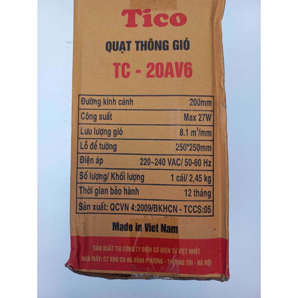 Quạt hút mùi gắn tường tico - Quạt hút gió 2 chiều TC 20AV6 (lắp lỗ 250mmx250mm) - Hàng chính hãng Việt Nam