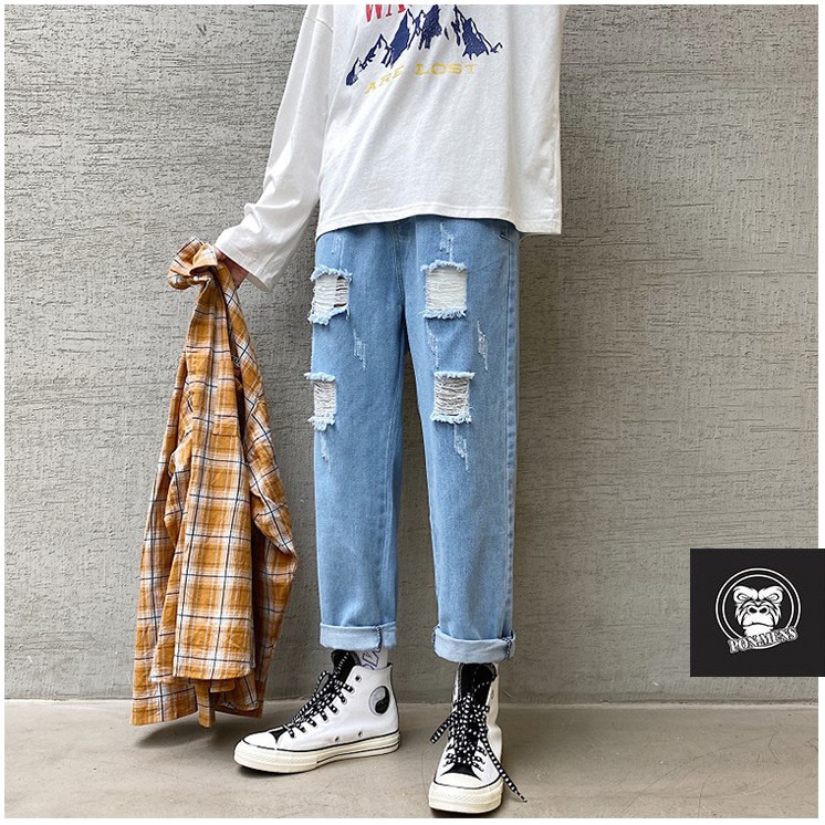 [SIÊU SALE - FREESHIP] Quần jean baggy rách gối nam nữ màu xanh mặc hè D94 2021 | BigBuy360 - bigbuy360.vn