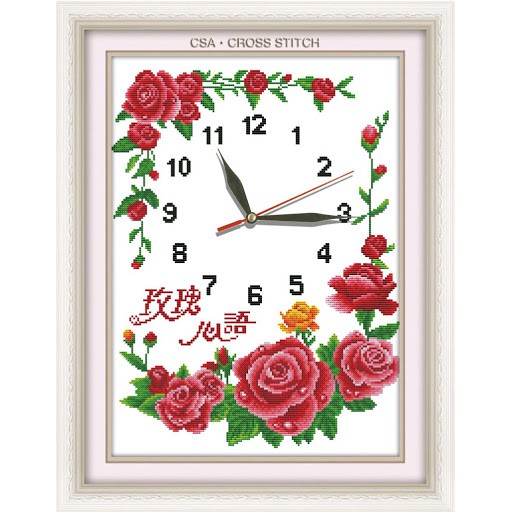 Tranh Thêu Chữ Thập Đồng Hồ HOA HỒNG. Kích Thước: 51cm x 41cm