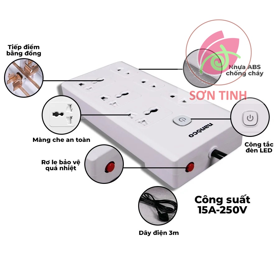 Ổ cắm có dây nối dài, 3 ổ cắm đa năng + 3 ổ cắm 2 chấu và 1 công tắc Nanoco NES3332-3