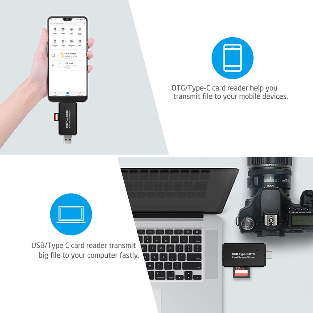 USB 2.0 Micro SD/SD Card Reader 3 in 1 Connection Type-C OTG Adapter for Android Computer