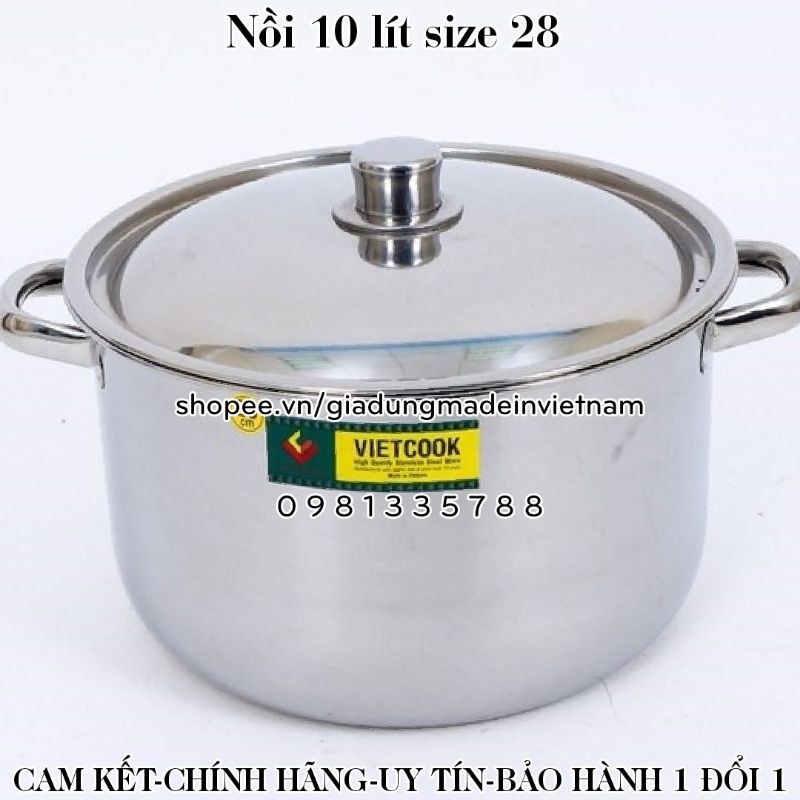 [VIETCOOK OFFICIAL] Nồi inox 10 lít Vietcook size 28 sử dụng trên bếp từ, nồi luộc gà nấu canh inox