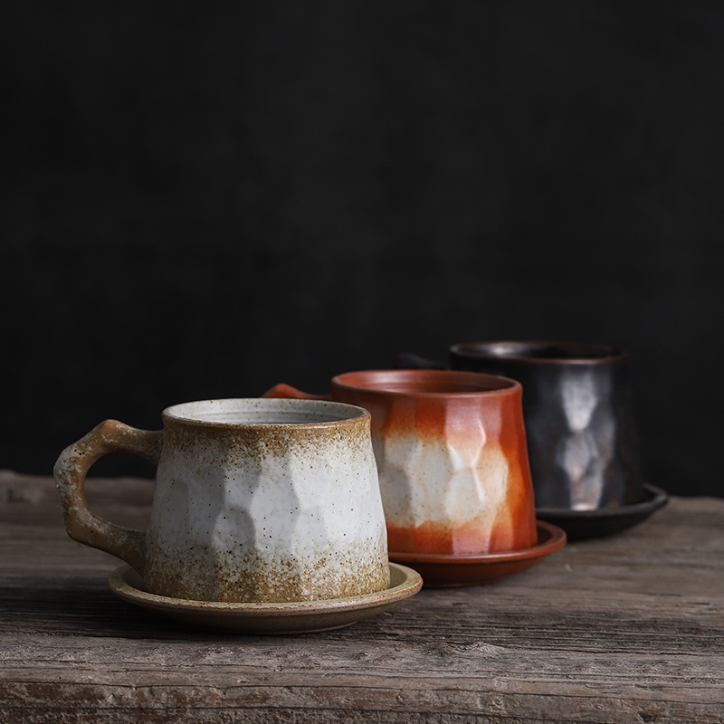 🍉 Cốc cà phê Coarse Pottery 🍊 Bộ ly đĩa uống cà phê làm thủ công phong cách Nhật Bản cổ điển