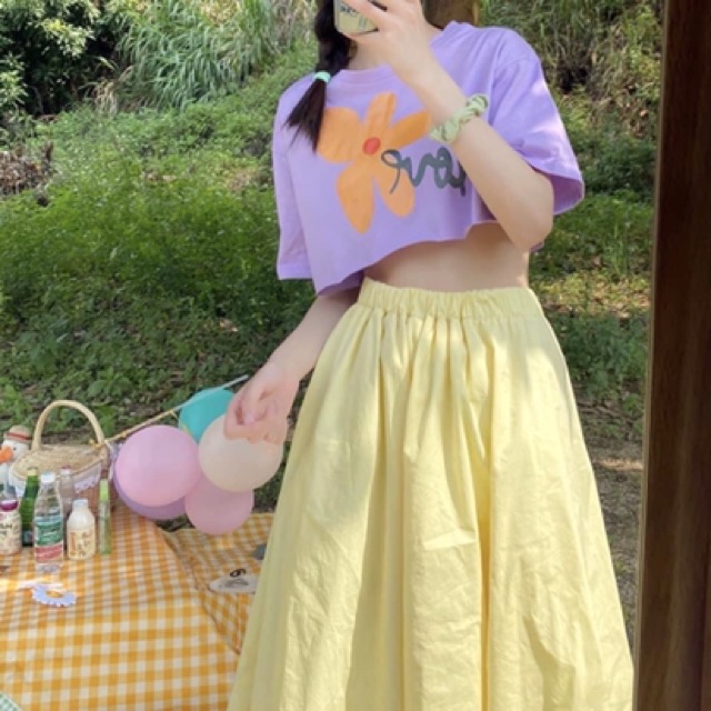 (Ảnh thật)Áo croptop tay ngắn in hình hoa 3 màu(tím/trắng/vàng)