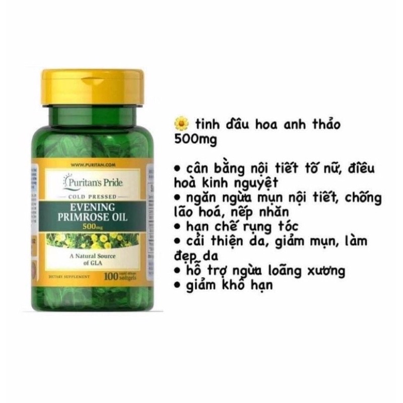 Viên uống đẹp da Tinh dầu hoa anh thảo Puritan's Pride EVENING PRIMROSE OIL 500mg điều hoà nội tiết