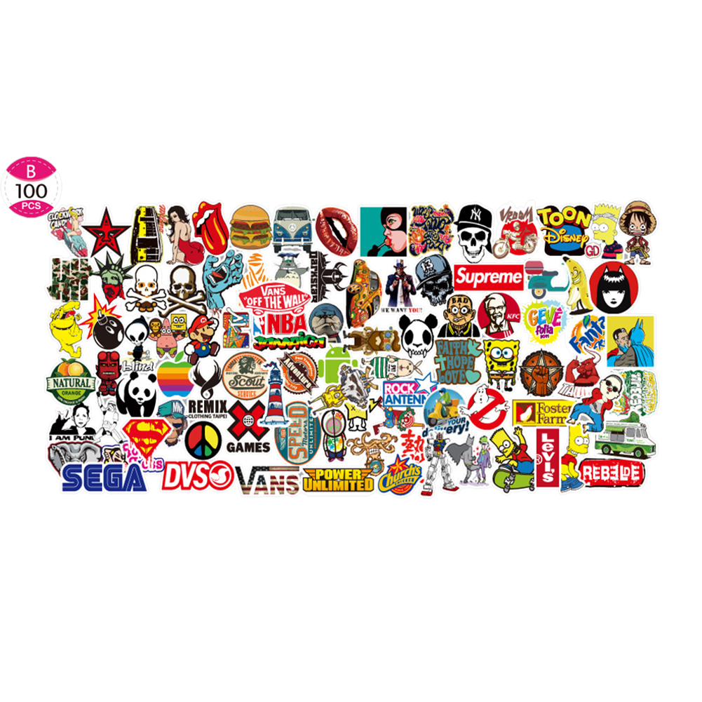 Bộ 100 miếng dán trang trí xe hơi/ván trượt/máy tính nhiều họa tiết chống thấm nước