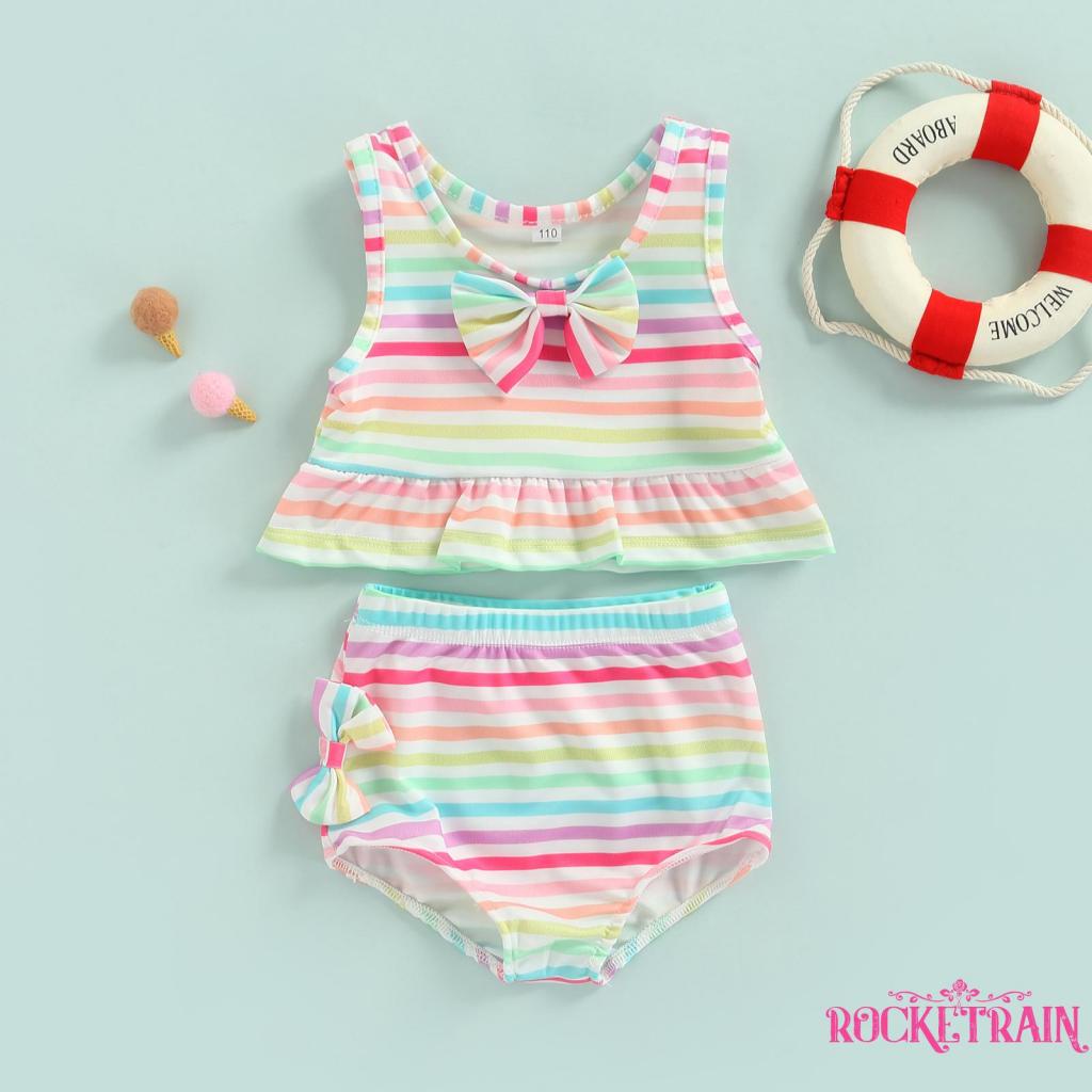 ✰Cp❃Bộ Đồ Bơi 2 Mảnh Áo Không Tay Kẻ Sọc + Quần Short PP Đính Nơ Cho Bé Gái