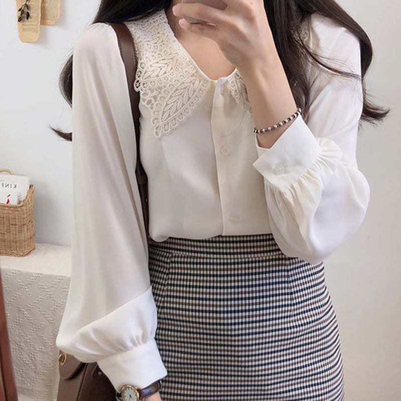Áo Sơ Mi Nữ Tay Dài Cổ Phối Ren Phong Cách Retro
