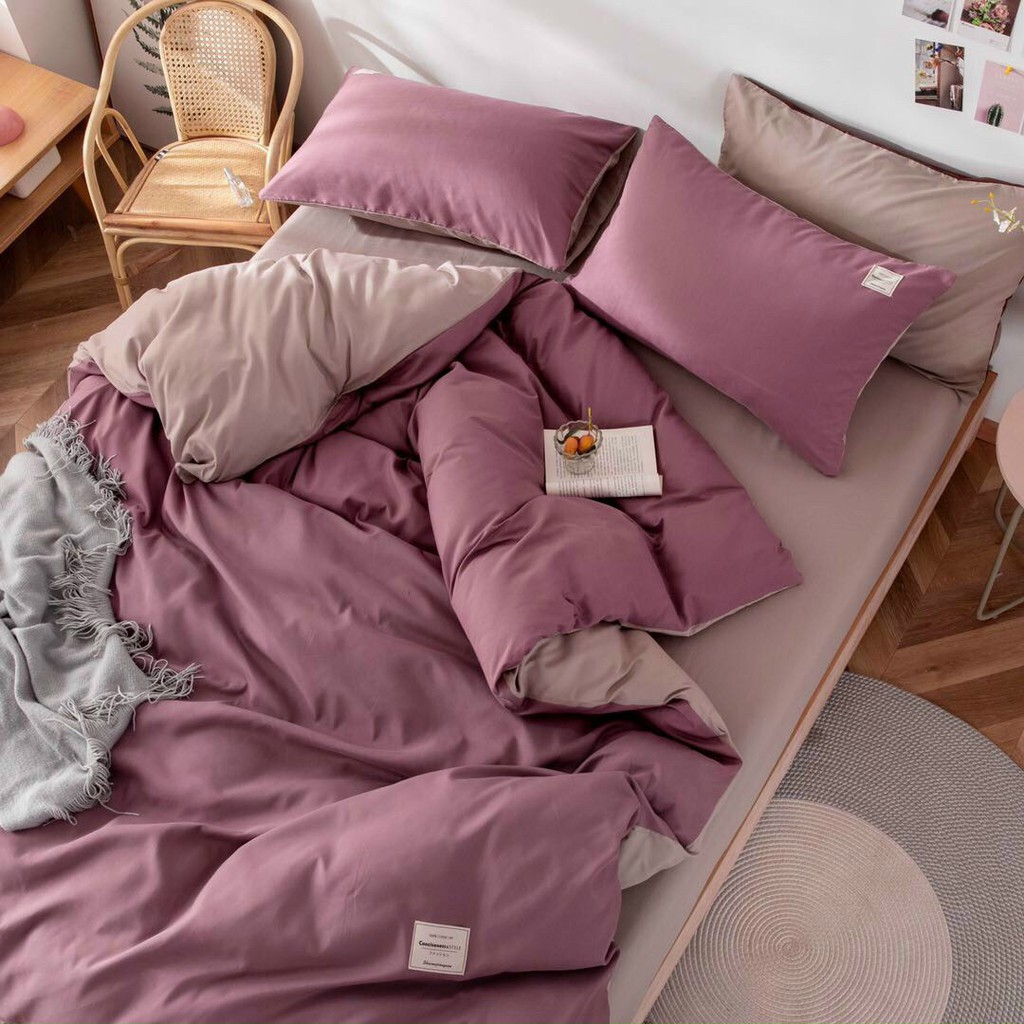 Bộ chăn ga gối nệm trải giường Cotton Tici nhập khẩu Hàn Quốc màu Hồng Đậm Phối Be drap giường bedding