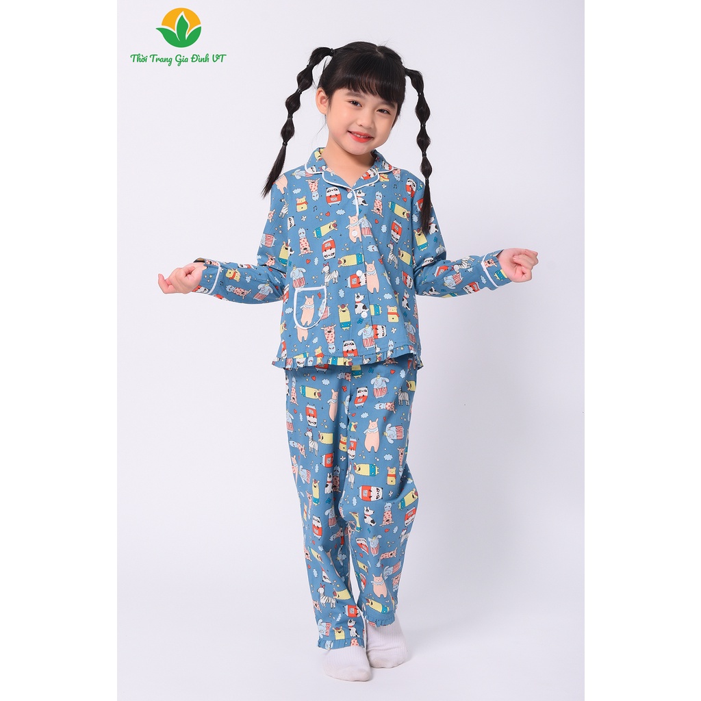 Bộ cotton pijama mặc nhà cho bé gái thu đông Việt Thắng, quần dài, áo dài tay - B70.2204