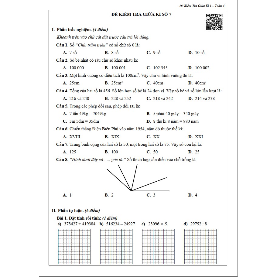 Sách - Đề Kiểm Tra Toán 4 - Học Kì 1 (1 cuốn)