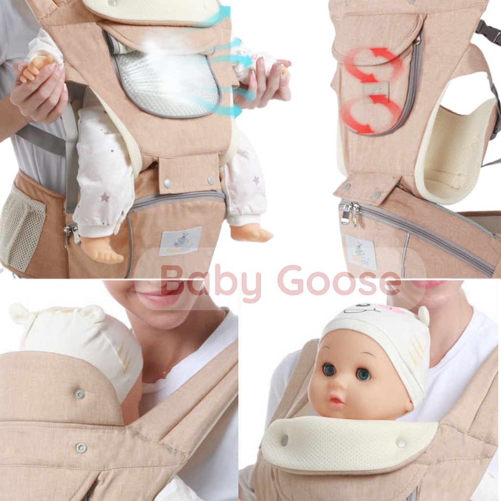 Địu em bé Gabesy cao cấp, địu 9 tư thế cho bé thoáng khí, có ghế ngồi, có đỡ cổ, có mũ che dành cho bé từ 0- 36 tháng.