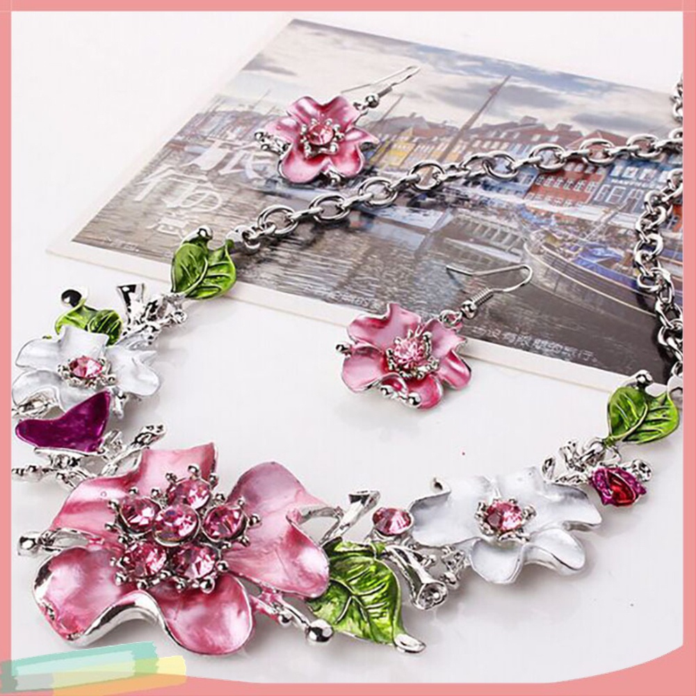 Bộ Vòng cổ + Đôi Khuyên Tai Mặt Hoa Đính Đá Nhiều Màu Thời Trang Cho Nữ