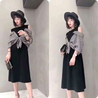 Đầm QC phối sơ mi trễ vai