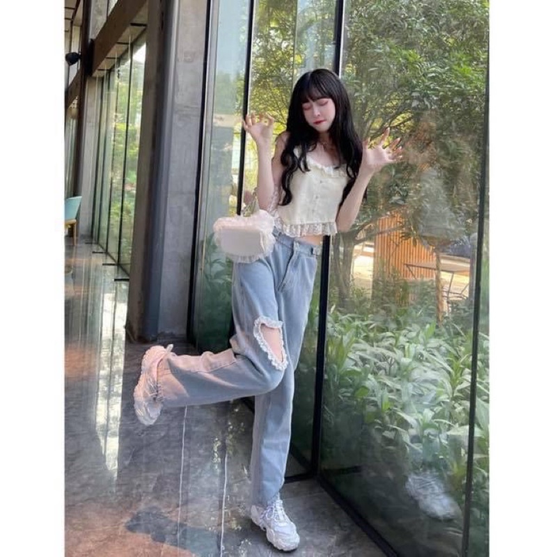 Quần baggy jean denim kiểu nữ ống rộng dài rách trái tim phối ren và áo hai dây croptop vạt chéo - Order taobao