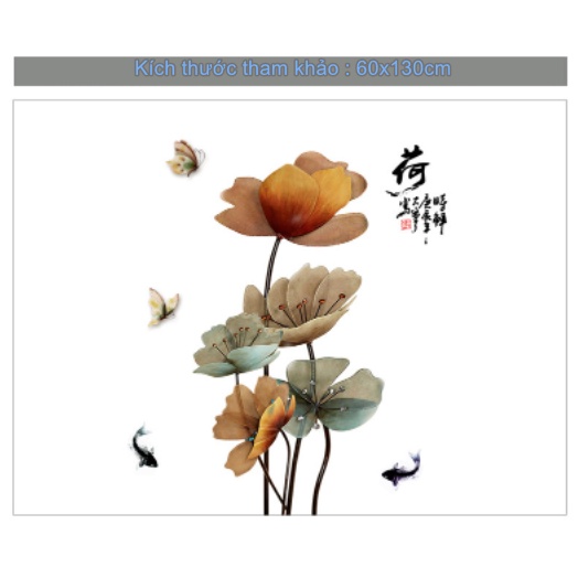 Decal trang trí tường - Hoa sen nâu và đàn cá