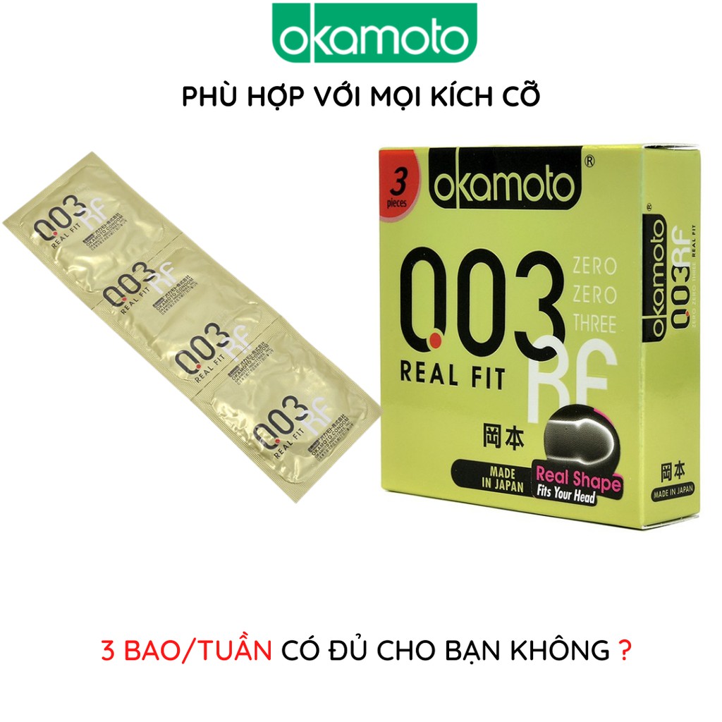 Bao cao su Okamoto 0.03 Real Fit 3 cái/hộp mỏng co rút ôm trọn kéo dài thời gian chống tuột